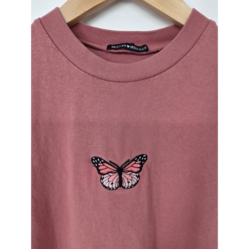 Brandy Melville XS Embroidered Butterfly Pink Short Sleeve Baby Tee T Shirt Top